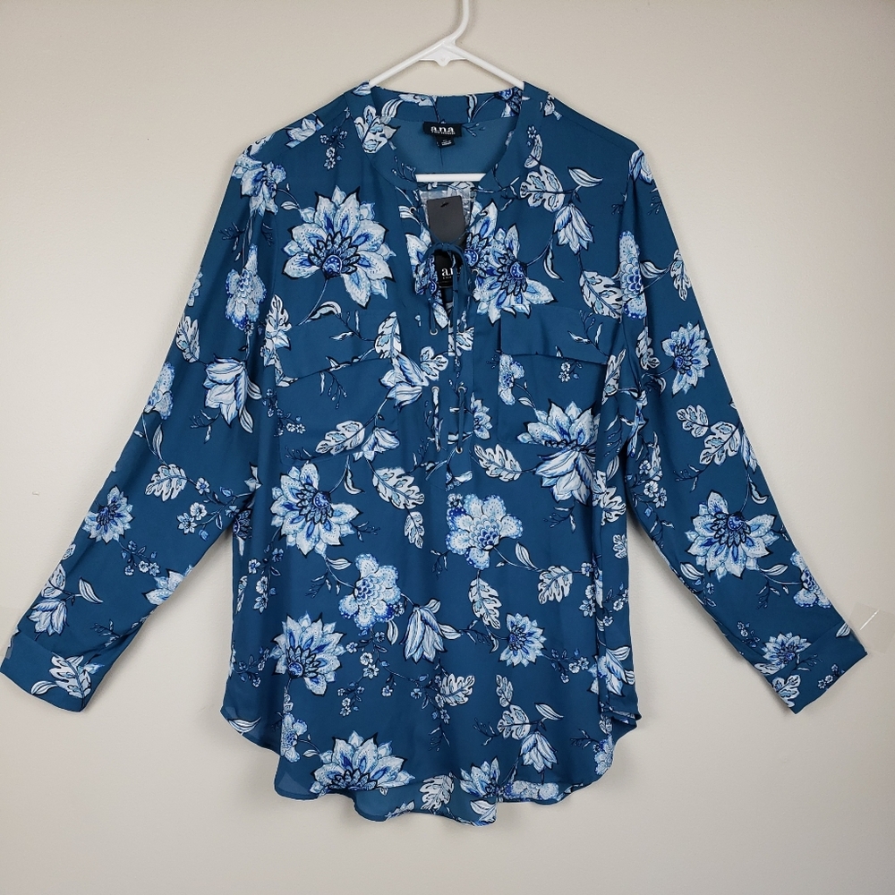 a.n.a Tie Neck Long Sleeve Floral Blouse Blue XL